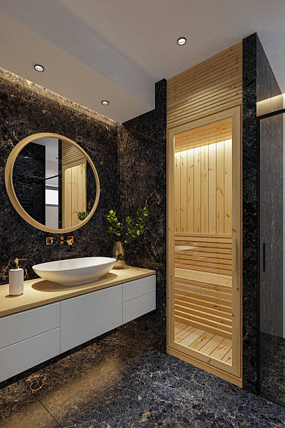 Compact Modern Bathroom with Pine Wood Sauna and Black Marble Accents