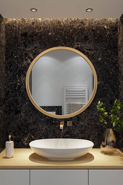 istock Compact Modern Bathroom with Pine Wood Sauna and Black Marble Accents 2213797684