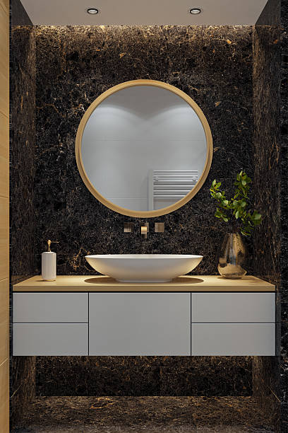 istock Compact Modern Bathroom with Pine Wood Sauna and Black Marble Accents 2213797797