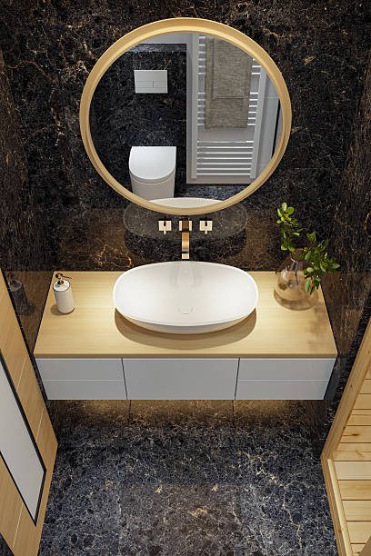 Compact Modern Bathroom with Pine Wood Sauna and Black Marble Accents