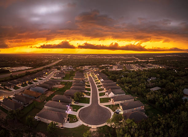 Aerial drone view of a subdivision in late Winter.