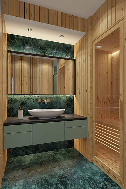 istock Modern Spa Bathroom with Pine Wood Paneling and Green Marble Tiles 2213798430