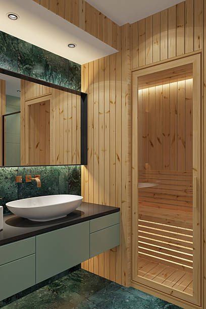 istock Modern Spa Bathroom with Pine Wood Paneling and Green Marble Tiles 2213798434