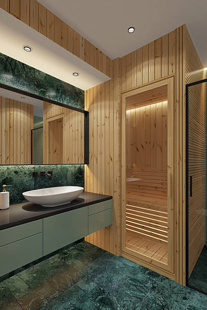 istock Modern Spa Bathroom with Pine Wood Paneling and Green Marble Tiles 2213798437