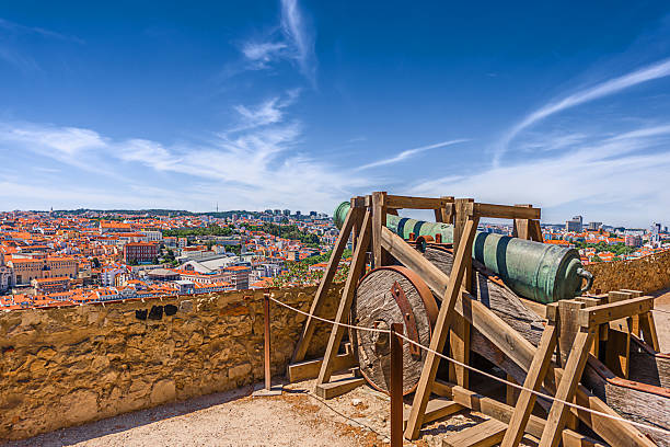 06-05-2022 - Lisbon, Portugal: Cannons seen in Saint George's Castle,  a historic fortress in this Portuguese capital - located in the freguesia of Santa Maria Maior.