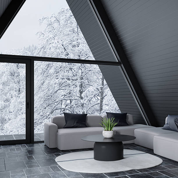 Modern A-Frame Mountain Cabin with Snowy Forest View