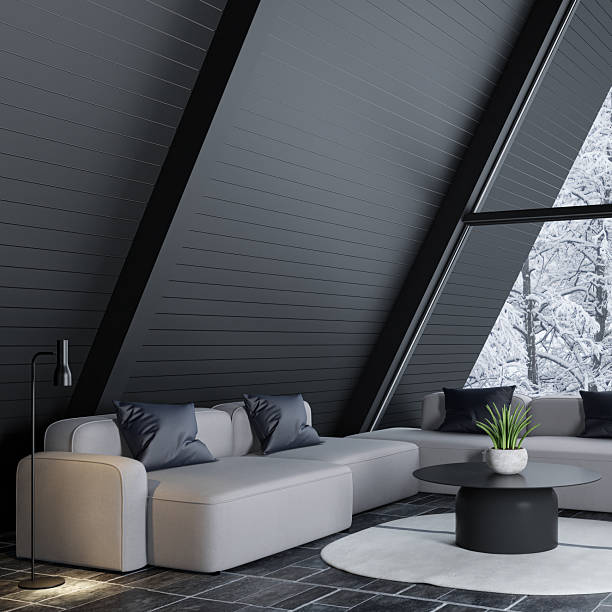 istock Modern A-Frame Mountain Cabin with Snowy Forest View 2213801042