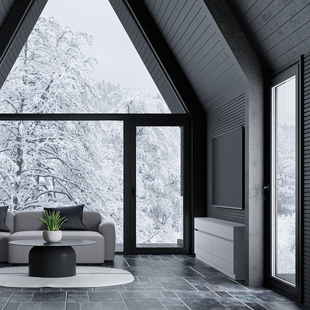 istock Modern A-Frame Mountain Cabin with Snowy Forest View 2213801046