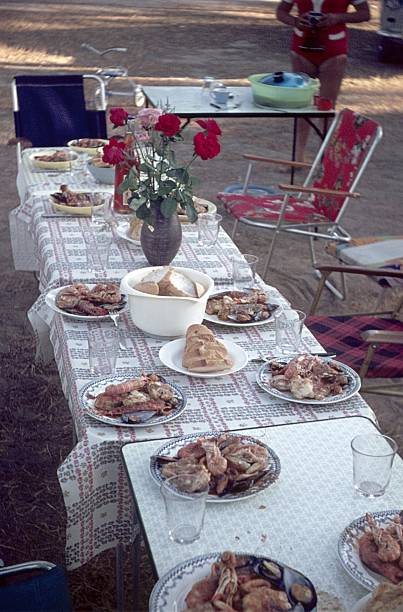 istock Camping table with seafood at a campsite 2213810014
