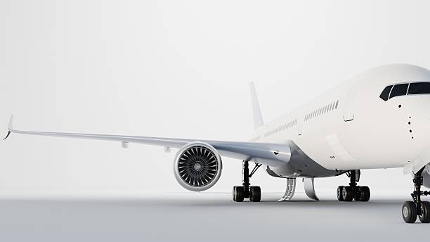 White generic passenger airplane is standing on the ground on a white background