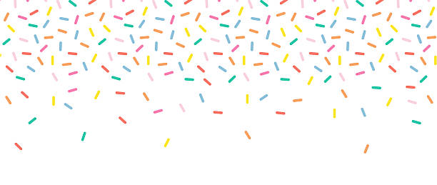 small dash pattern. colorful falling decorative sprinkles. seamless pattern on white chocolate background. donut glaze background. simple vector illustration - serpinti stock illustrations