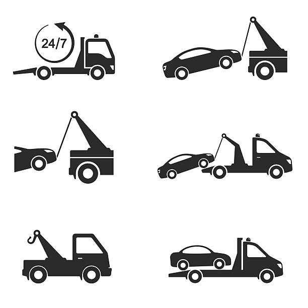 ilustraciones, imágenes clip art, dibujos animados e iconos de stock de grúa, conjunto de iconos vectoriales de remolque de automóviles aislados en blanco. señal de evacuación del coche - grúa
