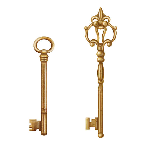 istock Gold metal antique shiny key for opening locks and doors. Romantic decoration in vintage style, gothic old design. Royal ornaments and jewelry. Handmade illustration on white background 2213826873