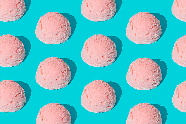 istock Pink strawberry ice cream pattern on light blue background. Summer food concept. Minimal isometric layout. Ice cream scoop aesthetic idea. 2213840160