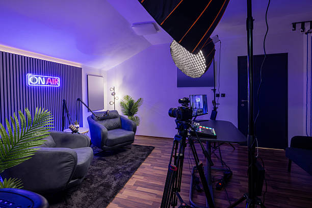 istock Modern podcast recording studio with professional lighting 2213842783