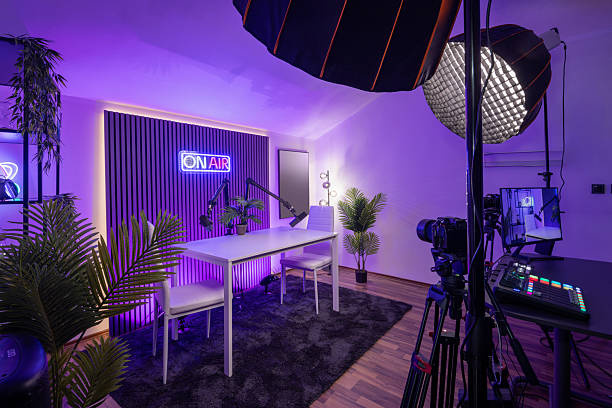 istock Modern podcast recording studio with professional lighting 2213842808