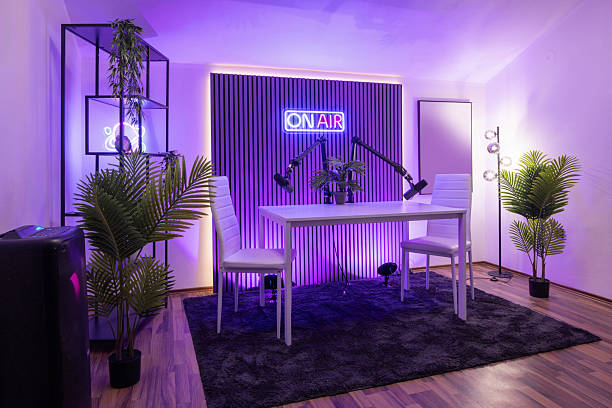 istock Modern podcast recording studio with professional lighting 2213842838