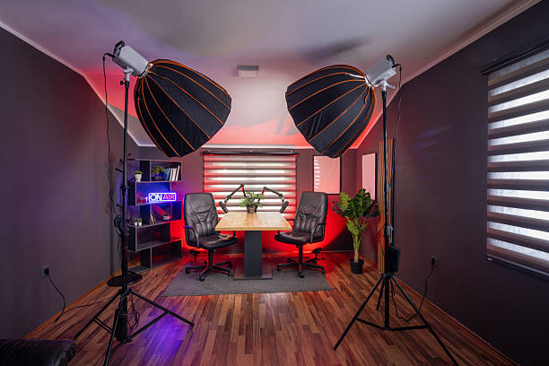 istock Stylish podcast studio interior with expert lighting for digital media production. 2213842895