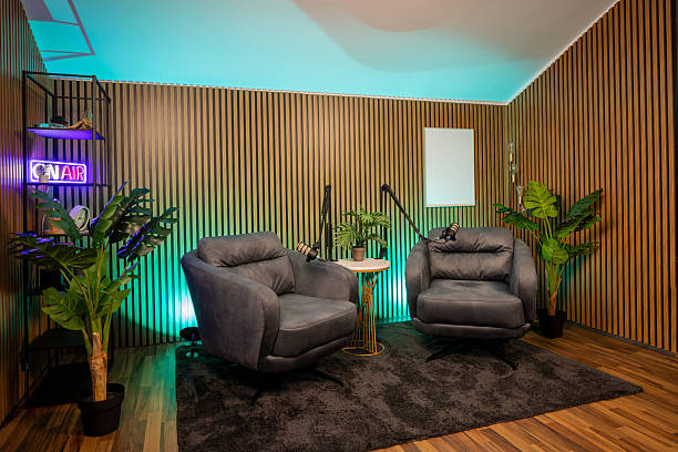 istock Professional podcast recording space with modern lighting and clean interior. 2213842910