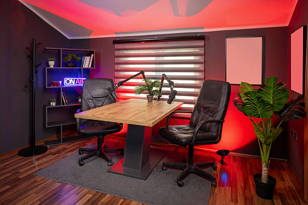 istock Modern podcast recording studio with professional lighting 2213842922