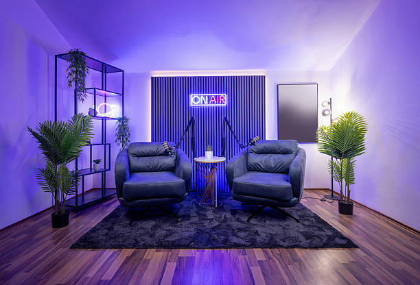 istock Modern podcast studio with professional lighting setup for high-quality recording 2213842946