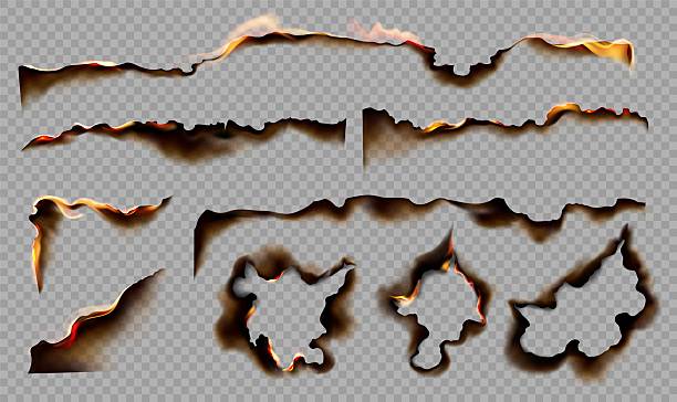 Burning paper borders. Realistic burning paper edges with red flame, frame with charred burnt edge, black ash and fire. Scorched and smoldering holes. 3D vector set.