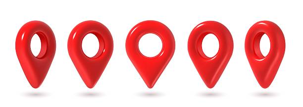 istock 3d pins. Red map location pin in various position, GPS point. Place marker for maps, navigation pointer for app. Destination glossy realistic icons isolated vector set 2213842975