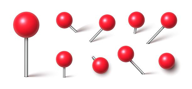 istock 3d red pin. Plastic map push pins, point markers, thumbtacks with needle and round head, pushpin for paper notice, position or place pointer with shadows. Vector isolated set 2213842978