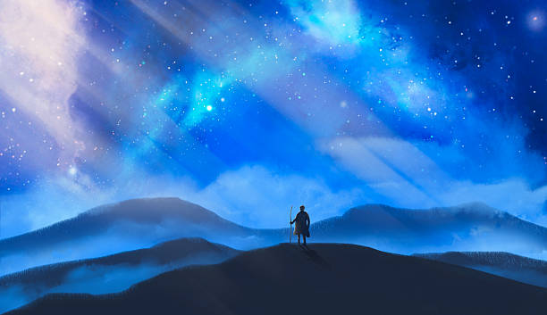 istock Man, hiker standing on mountain silhouette with starry nigh sky and nebula. Digital fantasy painting background 2213848389