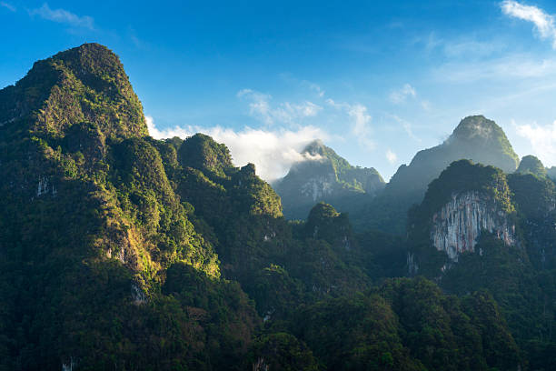 Morning view of beautiful mountain with fog at Rajjaprabha Dam or Cheow Lan Dam, The Guilin of Thailand,Surat Thani, Thailand.