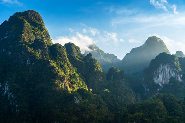 Morning view of beautiful mountain with fog at Rajjaprabha Dam or Cheow Lan Dam, The Guilin of Thailand,Surat Thani, Thailand.