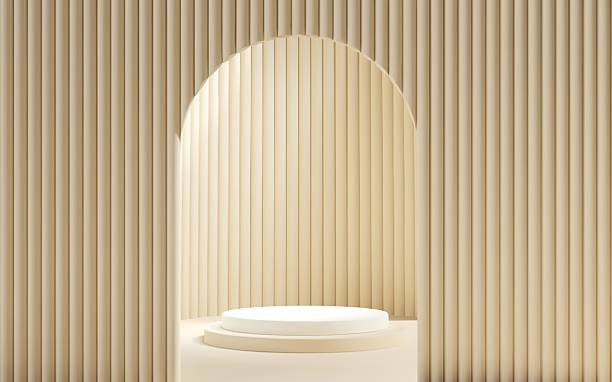 istock 3d Beige scene background with white podium and arch gate for product presentation. Abstract minimal mockup with cylinder platform and door. 2213851278