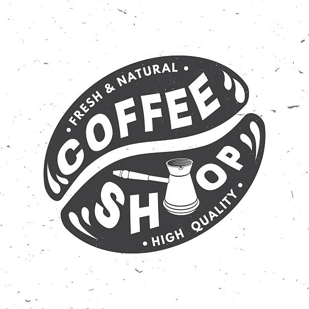Coffee shop. Hot and aromatic. Vector illustration. Concept for cafe and restaurant logo, brand, label. Logo with coffee beans and bowl with a handle for making coffee on the stove. Turkish pot of coffee Coffee shop. Fresh and natural. Vector illustration. Concept for cafe and restaurant logo, brand, label. Logo with coffee beans and bowl with a handle for making coffee on the stove. Turkish pot of coffee. luxury coffee machine stock illustrations