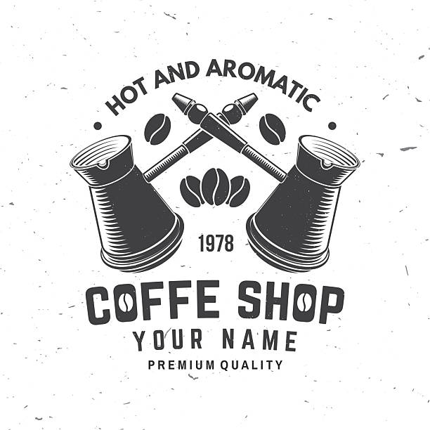 Coffee shop. Hot and aromatic. Vector illustration. Concept for cafe and restaurant logo, brand, label. Logo with coffee beans and bowl with a handle for making coffee on the stove. Turkish pot of coffee Coffee shop. Hot and aromatic. Vector illustration. Concept for cafe and restaurant logo, brand, label. Logo with coffee beans and bowl with a handle for making coffee on the stove. Turkish pot of coffee. luxury coffee machine stock illustrations