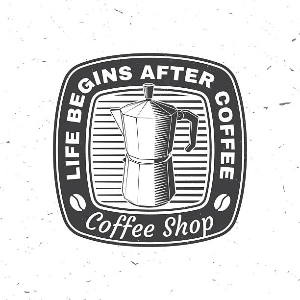 Coffee shop. Life begins after coffee. Vector illustration. Concept for cafe and restaurant logo, brand, label. Logo with beans and stovetop pot coffee maker. Italian coffee maker Coffee shop. Life begins after coffee. Vector illustration. Concept for cafe and restaurant logo, brand, label. Logo with beans and stovetop pot coffee maker. Italian coffee maker. luxury coffee machine stock illustrations