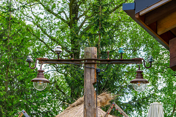 rustic wooden power pole equipped with vintage ceramic insulators and old-fashioned lamps, surrounded by green trees and traditional rooftops. The image captures a rural, nostalgic atmosphere