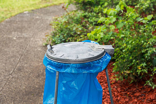 Outdoor trash can with blue bag on greenery-filled pathway