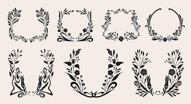 Art nouveau flower frame. Flower and leaf border, branch, wreath, garland decoration. Botanical vector illustration. Vintage antique classic floral graphic element.