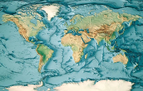 3D Render of a Topographic Bathymetry Map of the World in Miller Projection, including Antarctica. \nAll source data is in the public domain.\nColor and Water texture: Made with Natural Earth. \nhttp://www.naturalearthdata.com/downloads/10m-raster-data/10m-cross-blend-hypso/\nhttp://www.naturalearthdata.com/downloads/110m-physical-vectors/\nRelief texture: ETOPO 2022 data courtesy of USGS. URL of source image:\nhttps://www.ncei.noaa.gov/products/etopo-global-relief-model
