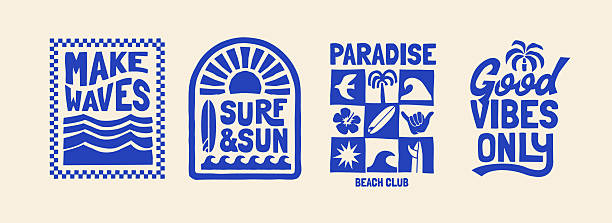illustrazioni stock, clip art, cartoni animati e icone di tendenza di set di grafica vettoriale con illustrazioni a tema surf e sole tropicale. - costa caratteristica costiera