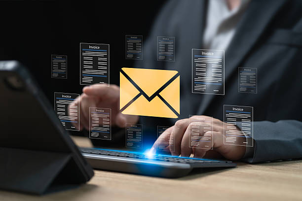 istock E-invoice and send Email concept, Businessman sending email to customer, Online digital statements to customers procedure for receiving payments, Documents and expense details. Accounting software 2213879096