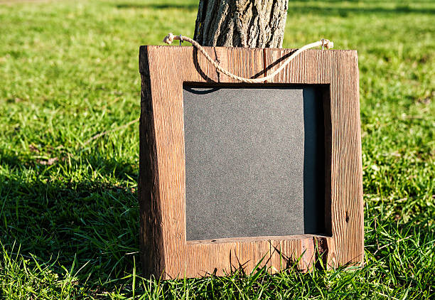 istock Rustic wooden empty chalkboard leans on tree in green grass 2213888543