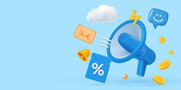 istock 3D megaphone with percent sign, email, bell, and coins on blue background, representing alert, promotion, and communication. 2213891481