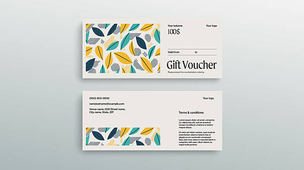 abstract gift voucher card template. modern discount coupon or certificate layout with geometric shape pattern. vector fashion bright background design with information sample text. - hediye çeki veya kartı stock illustrations