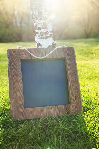 istock Rustic wooden empty chalkboard leans on tree in green grass offers empty copyspace 2213894531