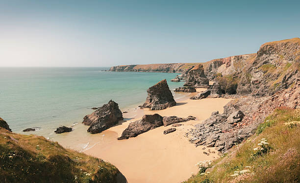 istock Cliffs and turquoise sea at Bedruthan Steps with wildflowers in foreground in summer, Cornwall, United Kingdom 2213894851