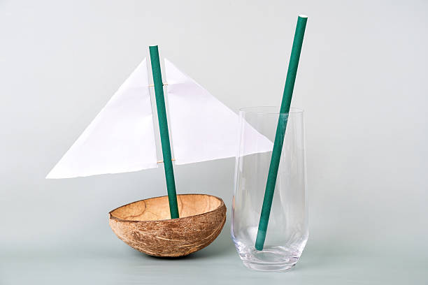 istock Creative sailboat made from a coconut shell next to a glass with a green straw 2213895777