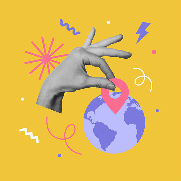 istock Collage design with hand holding location pin over the earth globe. 2213897219