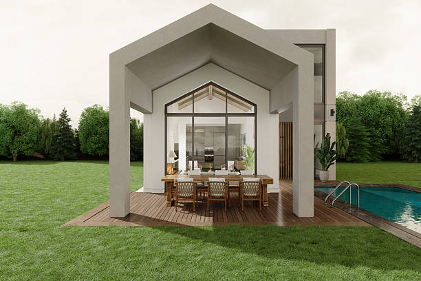 istock Exterior Of Modern Tiny House With Dining Table, Chairs And Swimming Pool 2213897481