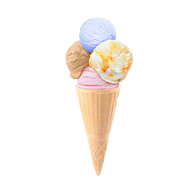 istock Ice cream scoops in waffle cone on white background. Chocolate, strawberry, mango and blueberry flavors 2213900589